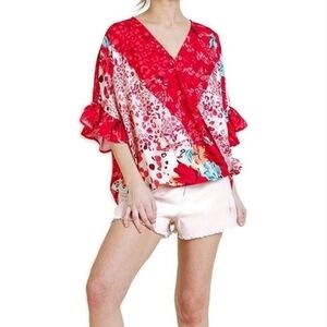 Umgee Animal Print Short Sleeve Top EUC